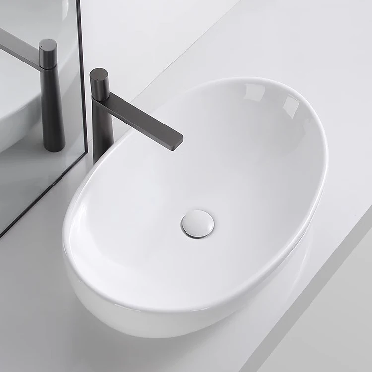 Modern Above Counter Oval White Bathroom Egg Shape Ceramic Table Top Wash Hand Basin Bathroom Vessel Sink