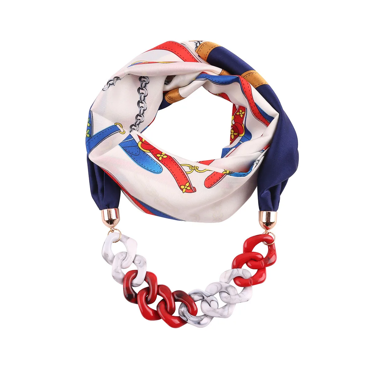 Fashion National Ladies Clothing Trendy Satin Simulation Silk Scarf Chain Pendant Necklace Scarf Jewelry