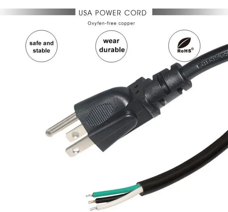 Good Selling Open Wiring Nema 5-15P 14 End Pigtail Laptop Power Cord 3 Prong Power Cord 5Ft 3X18 Awg