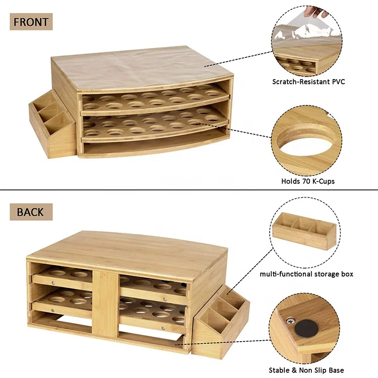 70 Capacity 2-Tier Drawer K-Cups Pods Coffee Organizer Coffee Station Bamboo Coffee Pods Capsules Holder Storage Box