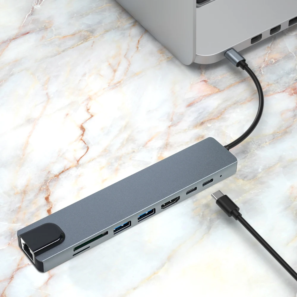 High quality 8 in 1 Type-C Hub Multiport Dock Station with 4K HDMI USB3.0 RJ45 SDTF USB-C PD Charging Adapter 8 ports USB C Hubs