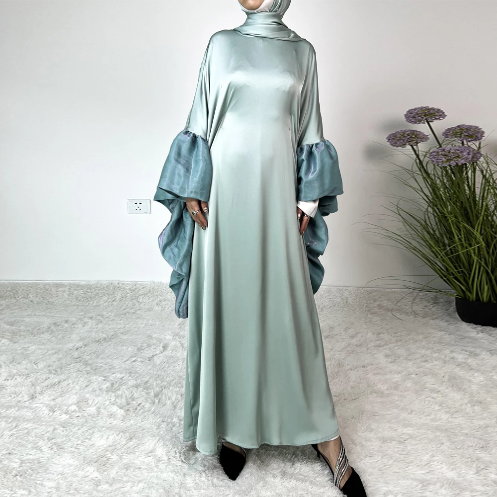 New arrival Dubai saudi arabic plain shiny satin fabric puff sleeve trending modest muslim abaya dress