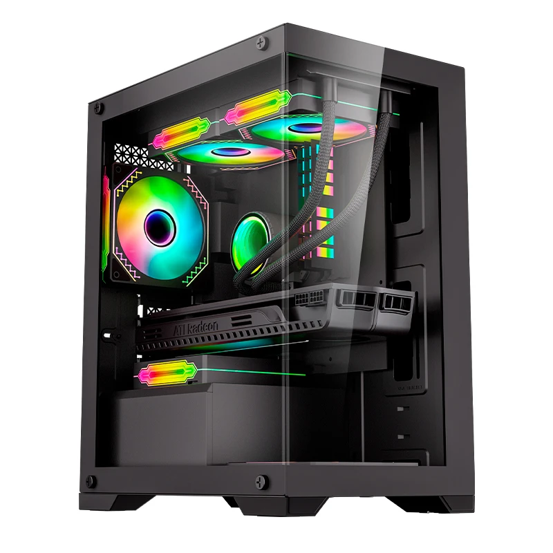 Good Quality Tempered Glass Panel Aluminum Computer Case PC Atx Cube Gaming Computer Case With RGB Cooling Fan