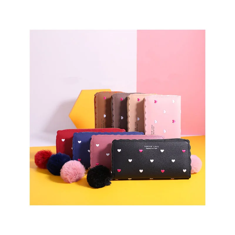 Fashion Heart Embroidery Multi-Functional Hand Grabbing Hairball Pendant Mobile Phone Coin Purse Long Cute Wallet