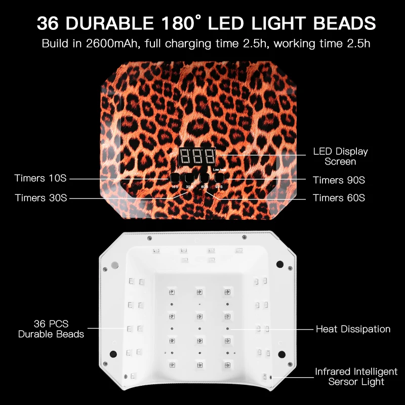Wireless Cordless Rechargeable UV/LED Leopard Luipaard Nail Lamp Portable Removable Base 54W UV LAMP Nail Polish Dryer 12V 2.0A