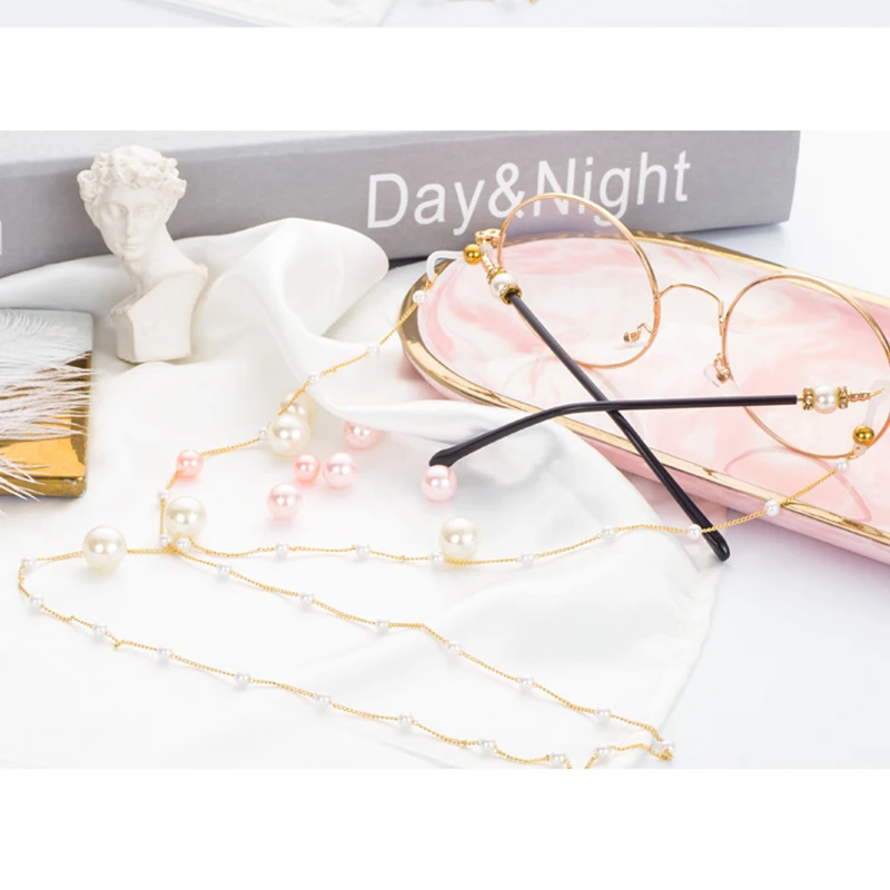 Anti Slip Gold Plated Plated Color Chain Stainless Steel Holder Hanging Neck White Pearl Sunglasses Eyeglass Beaded Chain