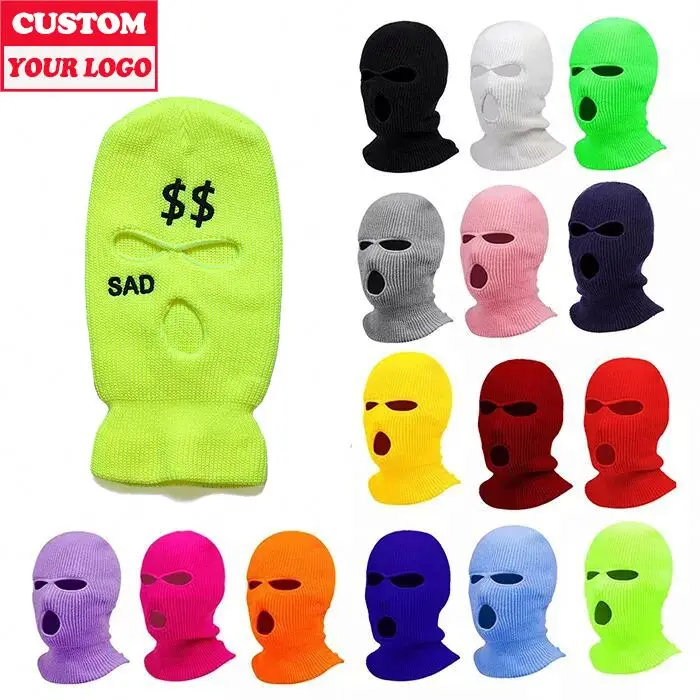Custom Logo Three 3 Hole Winter Ski Mask Ski Face Mask  Knitted Ski Balaclava Hat Embroidery Custom Balaclava