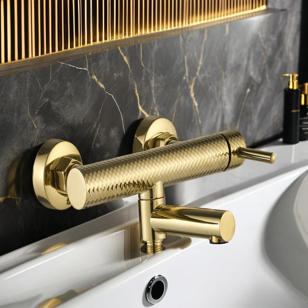 Single-Handle Wall-Mounted Brass Gold Bath Shower Faucet Hotels Schools Apartments Soft Rain Spray Pattern Ceramic Valve Core