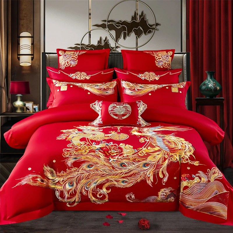 2023 New  100 s long staple cotton wedding bed sheets 4-piece set luxury bedding sets embroidery bed cover