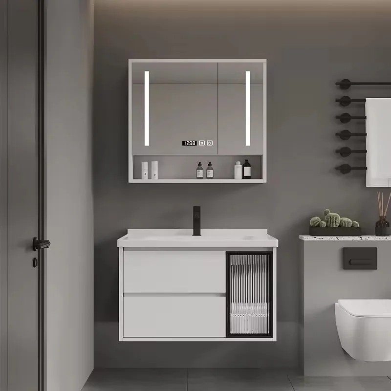 Modern Rock Slab PVC Wall-mounted Bathroom Cabinet with LED Mirror Factory Direct for Villas and Hotels