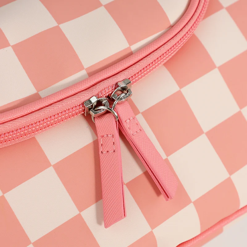 Custom Checkered print Travel Ladies Large Cosmetic organize High Quality Waterproof Nylon Makeup Bag