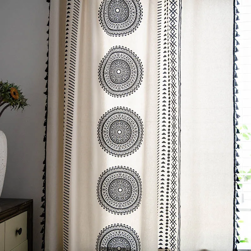 Semi-Blackout Window Curtains Farmhouse Style Cotton Linen Darkening Curtains with Tassel Rod Pocket Window Drapes