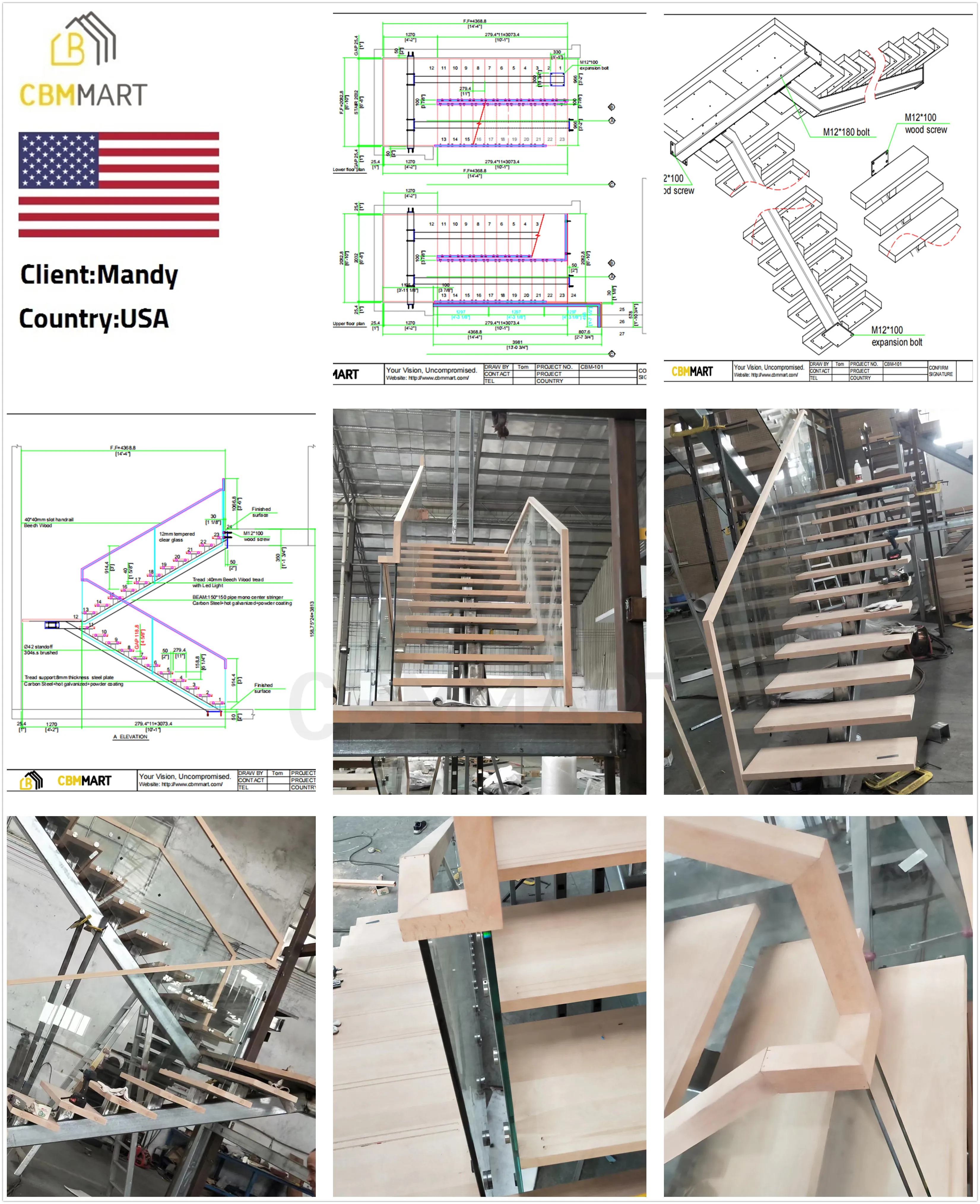 CBMmart High Quality Custom  Indoor Wood Stairs Wooden Staircases Iron Metal Balusters