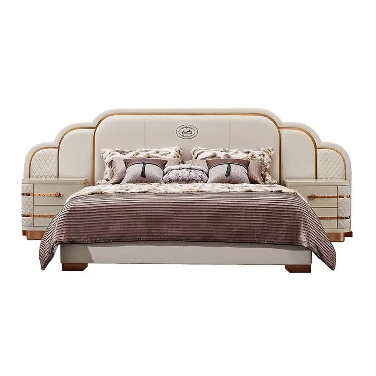 Роскошный комплект для спальни кожаная современная кровать большого размера комод мебель