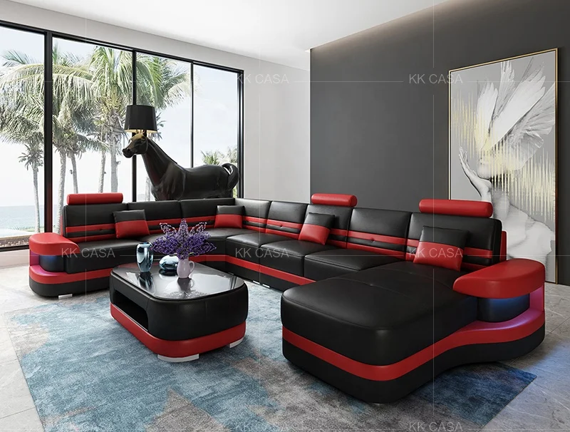 Luxury Modern Design Living Room Furniture Sets Stainless Steel Italian Leather U shaped Sofa 7 seater Set