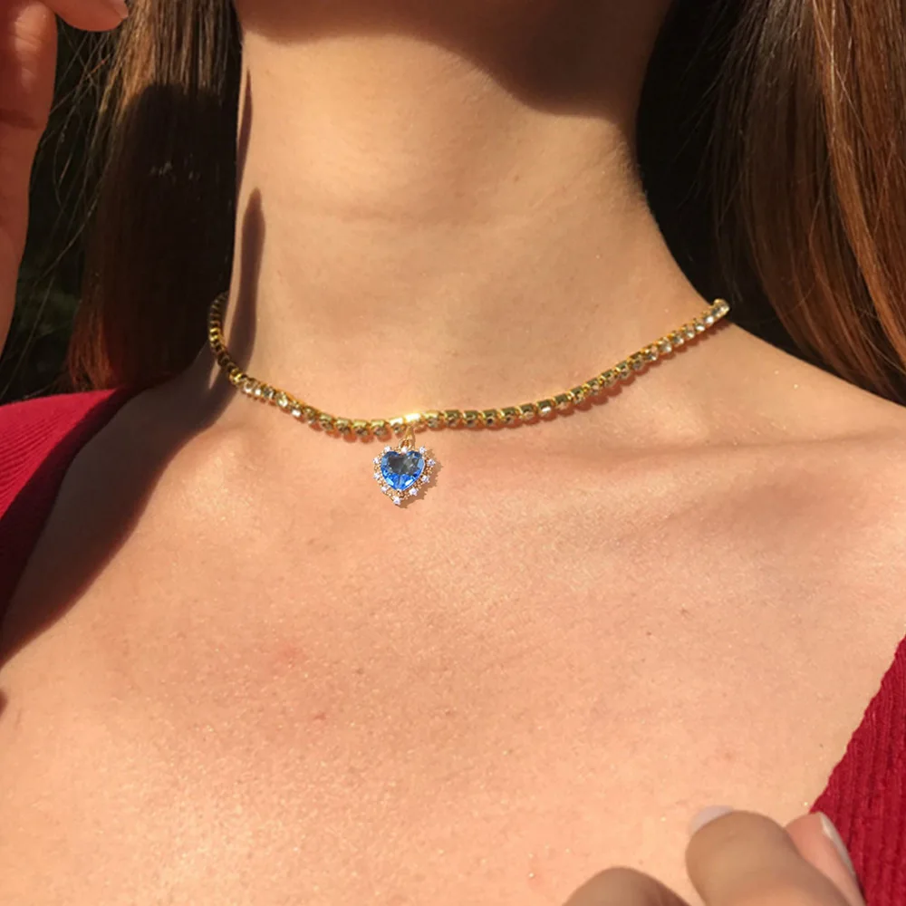 Luxury Shining Pink Blue Rhinestone Heart Pendant Necklace Iced Out Full Diamond Crystal Tennis Chain Choker Necklace Jewelry