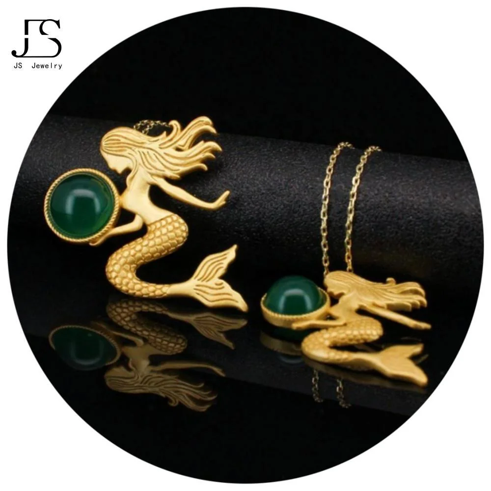Wholesale 925 sterling silver necklace new mermaid green jadeite fashion pendant necklace women