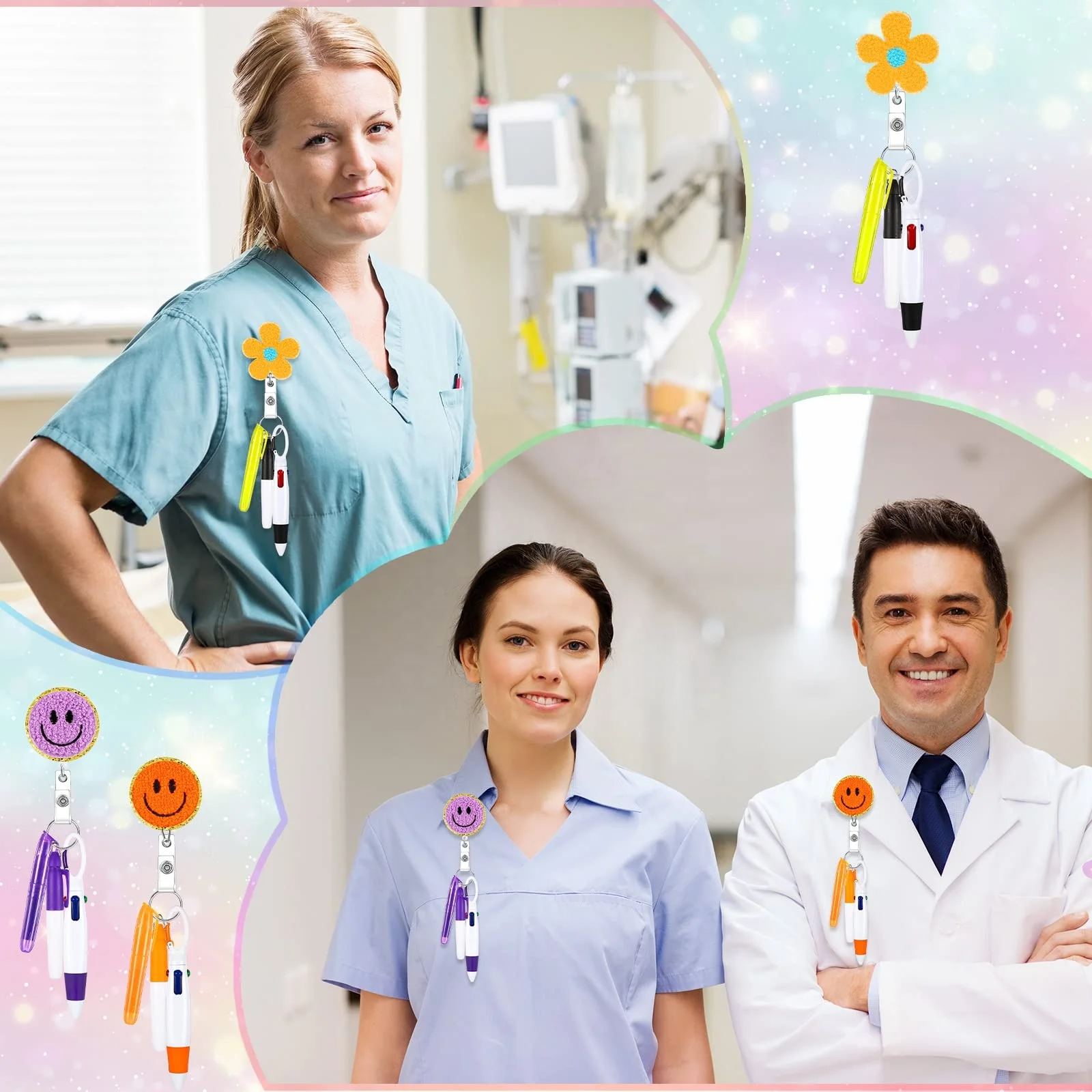 Felt Retractable ID Name Badge Reel Nurse Pen Set Tip Highlighter Permanent Marker Pen Retractable Ball Pen Badge Clip for Nurse