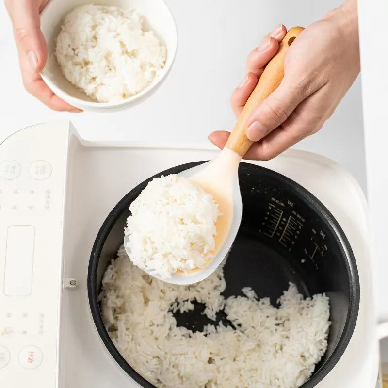 2 Pcs Wooden Handle Silicon Rice Paddle Non Stick Standing Rice Spoon Scooper Spatula Heat Resistant Rice Cooker Spoon White