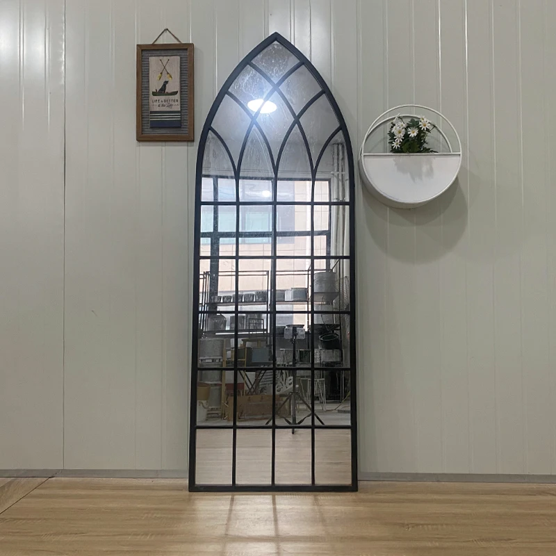 Customized Hot Sale Decorative Metal Frame Retro Black Floor Stand Desktop Mirror