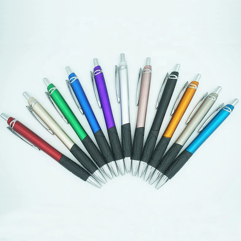 Promotional Metallic Colored Painted Barrel And Metal Clip With Black Rubber Grip Plastic Pens Luxury