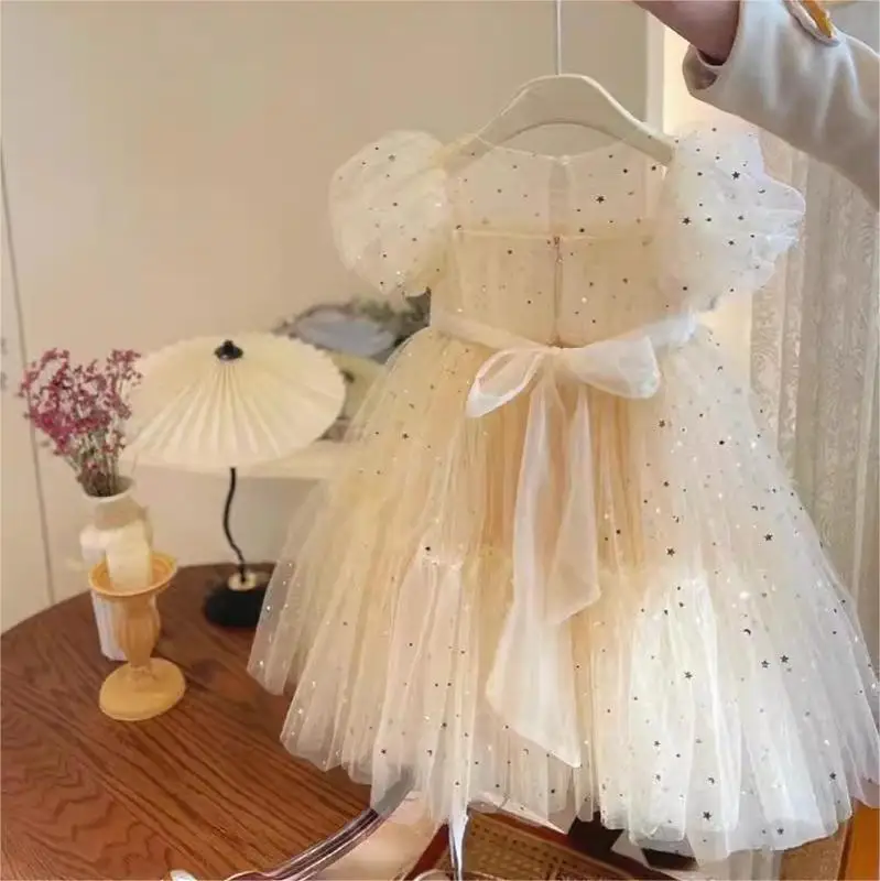 2024 Summer New Korean Baby High-grade Mesh Bubble Sleeve Skirt Girls Kids Dress Girls Dresses