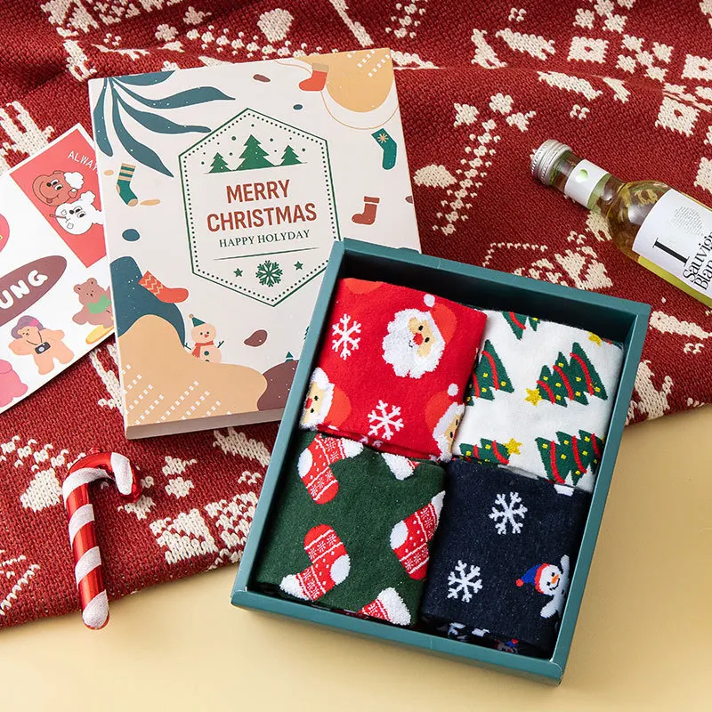 Four Pairs Of Gift Boxes For Men And Women Christmas Socks Cartoon New Year Red Socks Santa Claus Socks