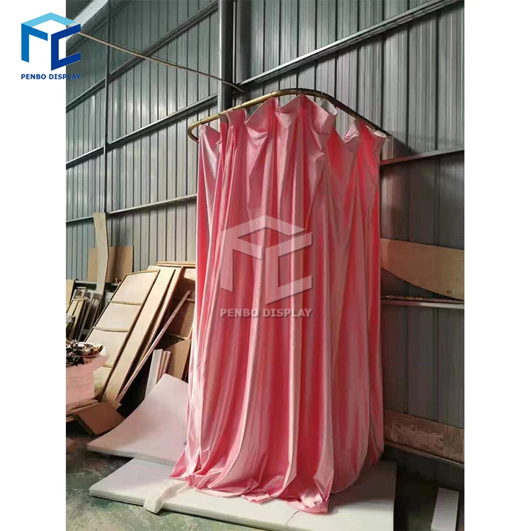 Clothing Store Metal Movable Portable Fitting Room Changing Room Movable Golden Dressing Room with Curtain