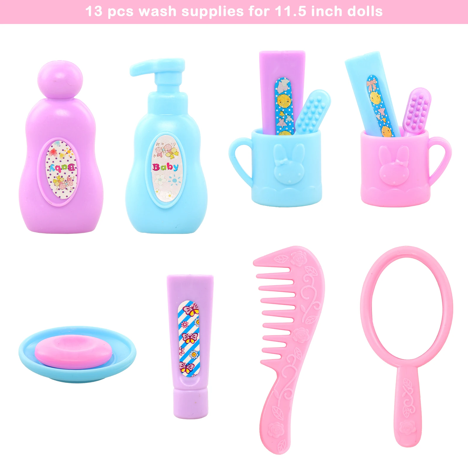 Barwa 63 Pieces Doll Accessories=12 Wash Accessories+13 Dress up Accessories+18 Dress up Accessories+20 Rubber Bands
