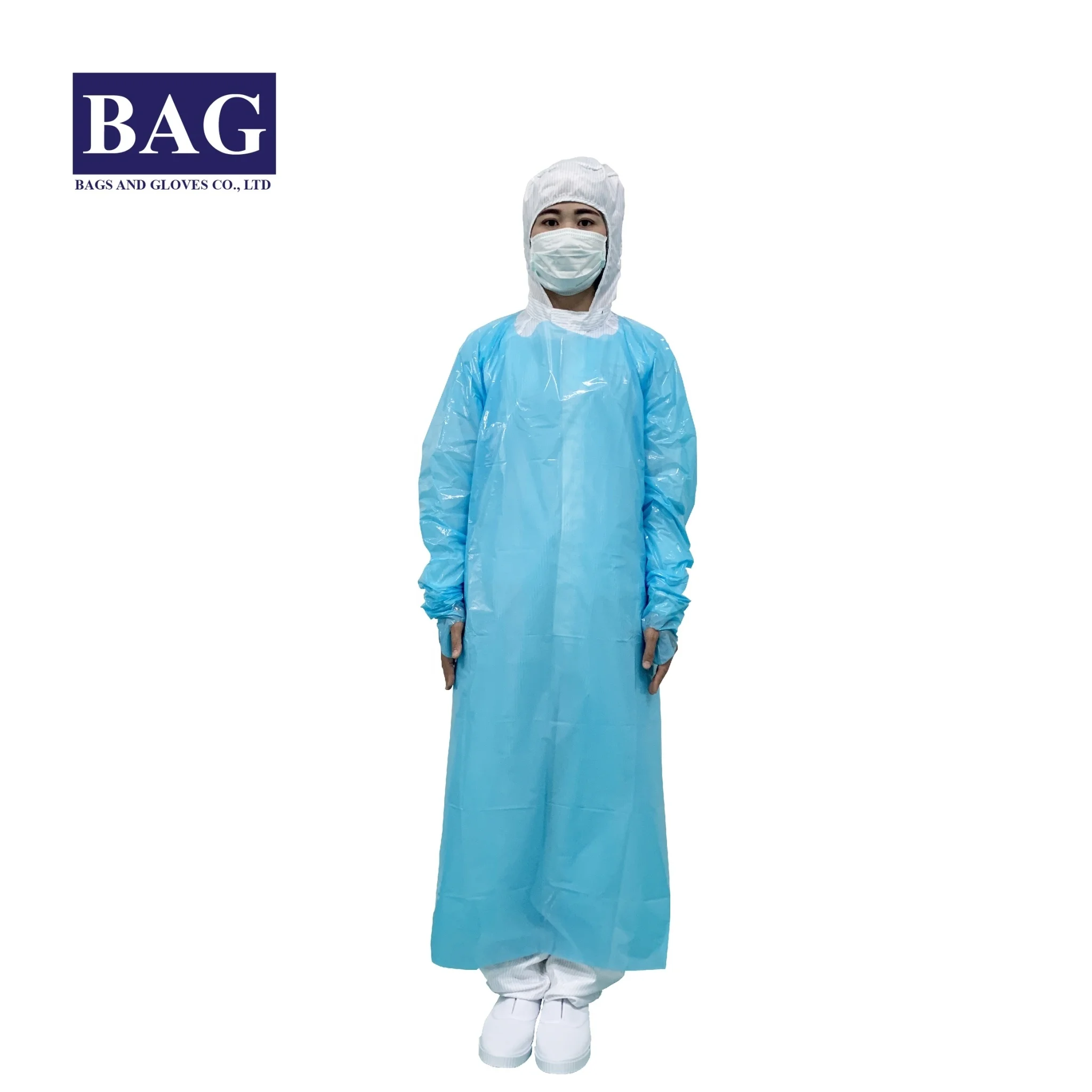 
Blue plastic non sterile isolation gown, protecting from penetration of blood, bacteria and virus 