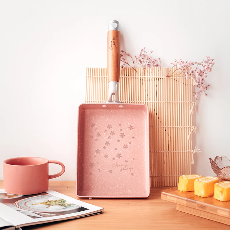 High quality aluminum non stick coating rectangle egg roll mini fry pan with wooden handle