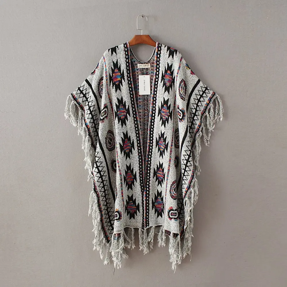 2024 Spring Winter Vintage Aztec Pattern Fringe Ethnic Scarves Knitted Jacquard Tassel Shawls for Women