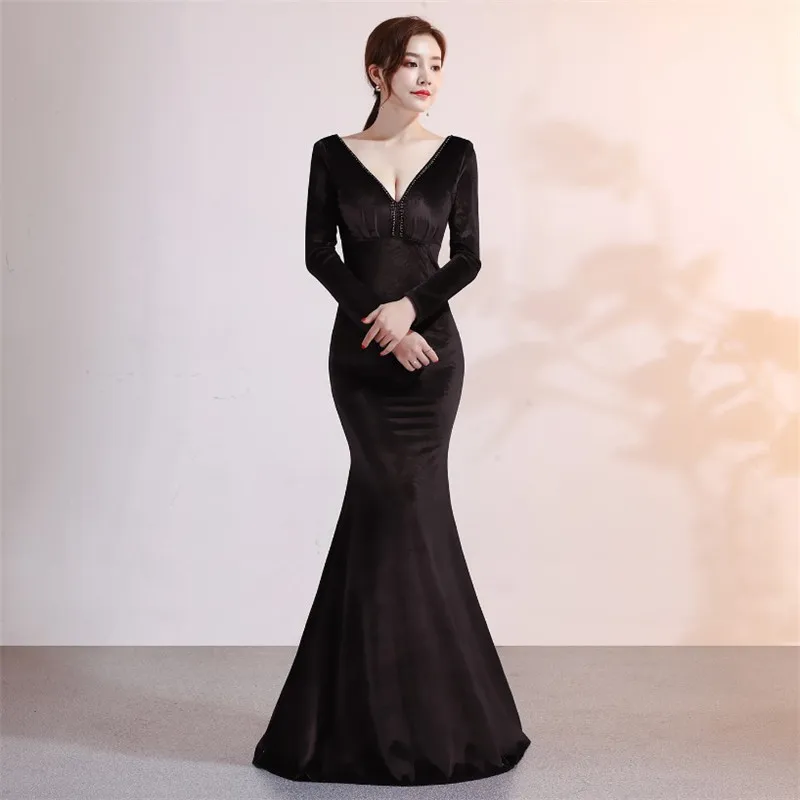 2020 Arrivals 4colors women elegant v neck long sleeves slim velvet mermaid evening dress