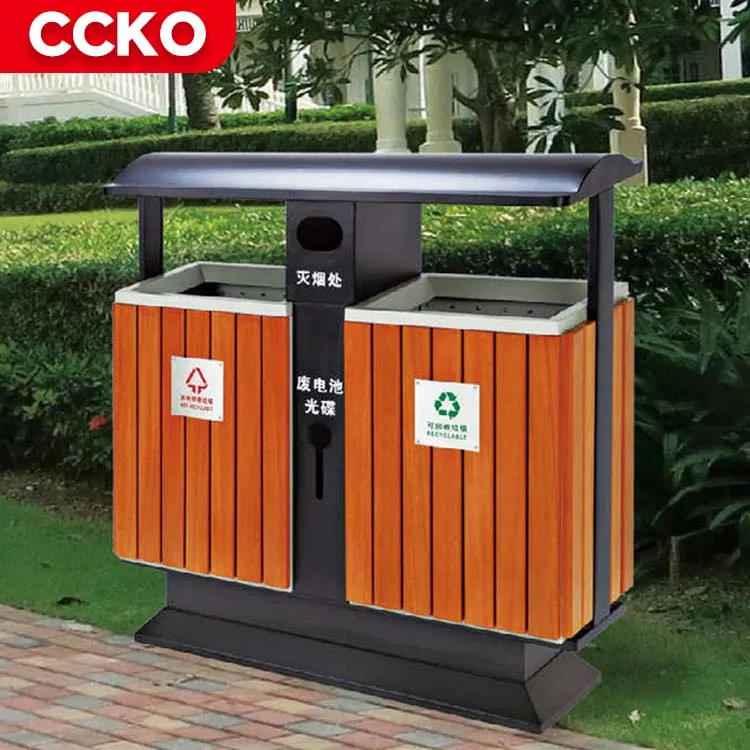Commercial Trash Bins 2 Compartment Garbage Can Steel Dustbin Wood Waste Bins Recycle Bins Outdoor Trash Can For Street Park