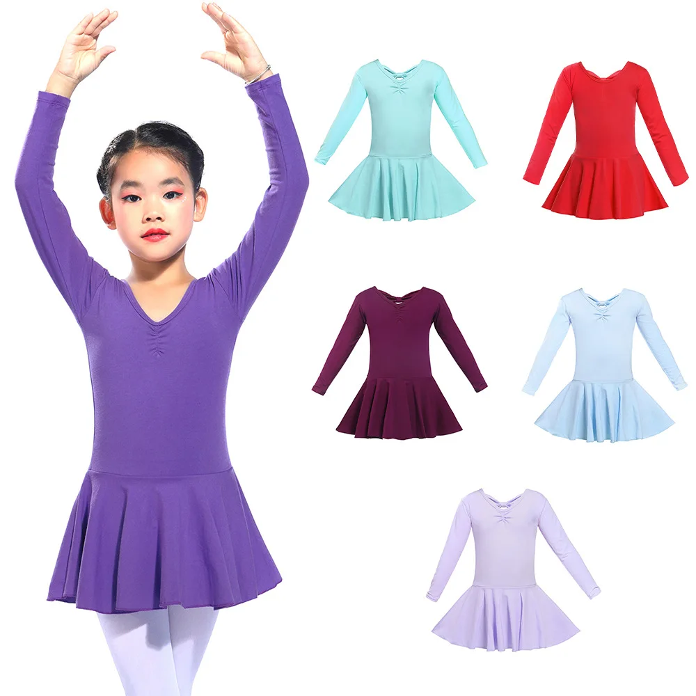 Spring Autumn Solid Color Long Sleeve Cotton Breathable Princess Girls Ballet Dance Dress Kids Performance Dancing Wear