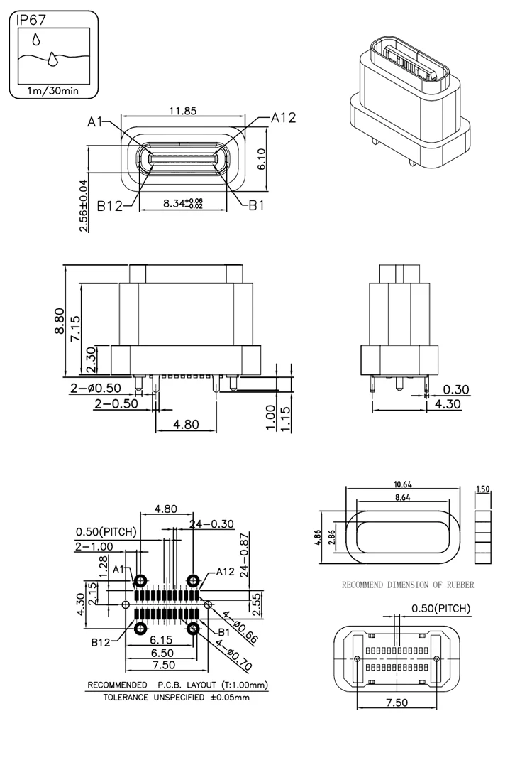 SMT Type 24Pin IP67 Waterproof USB Type C Female Receptacle Connector