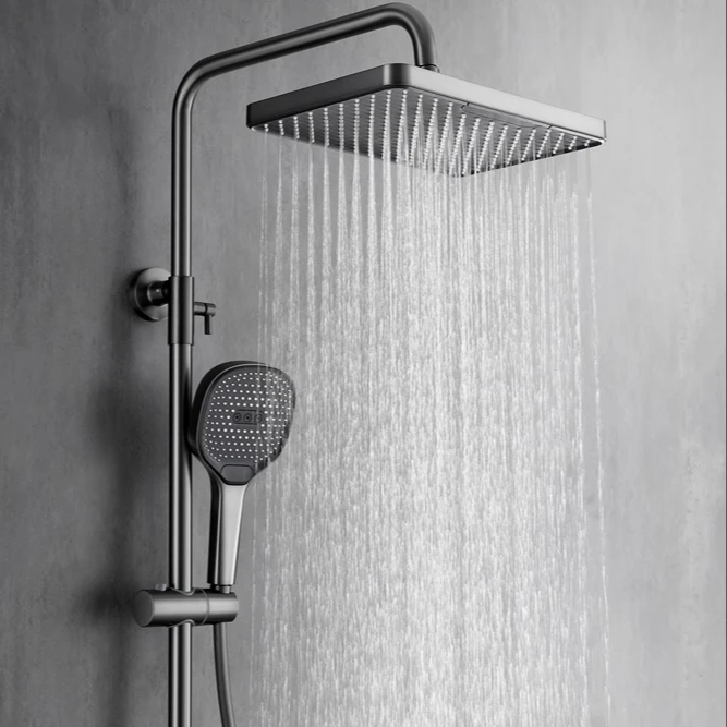 Hot sales piano style new design push button control 4 functions gun metal grey shower set with temperature show