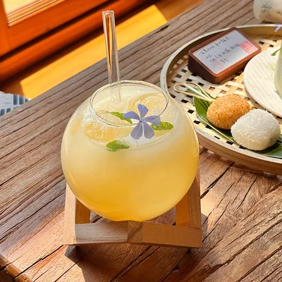 Personality Moon Shape Borosilicate Glass Cup Round Ball Glass Tumbler Ice Hockey Glass Cup With Wooden Stand