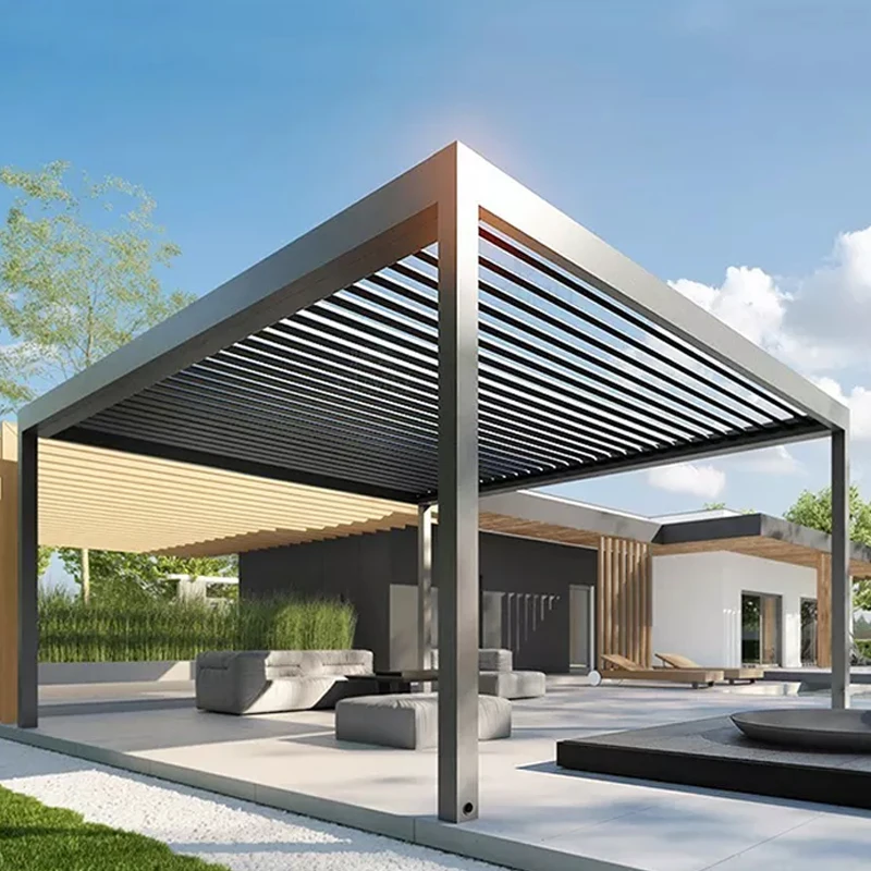 Outdoor Aluminum Waterproof Louver Pergola Modern Design Swimming Pool Electric Pergola Fully Automatic Retractable Pergola