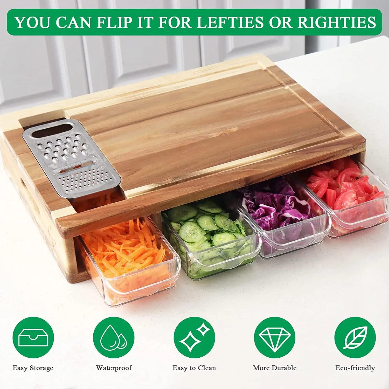 High quality new design kitchen vegetable acacia wood cutting board with containers chopping board with containers drawer