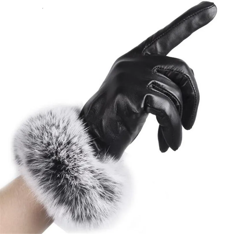 Ladies Luxury Warm Mitten Winter Rabbit Fur Cuff Touchscreen Gloves Wrist Soft Nappa PU Leather Glove