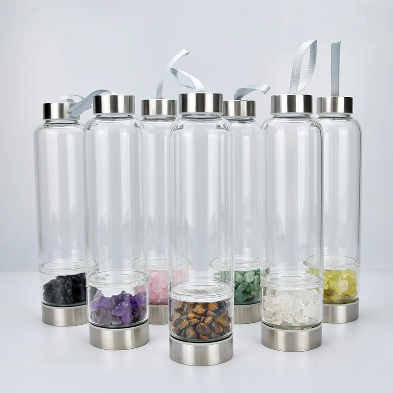 
400ml,500ml Whosale Natural Rose Gravel stone/Rose Quartz Infused Gemstone crystal Points holy Borosilicate Glass Water Bottle 