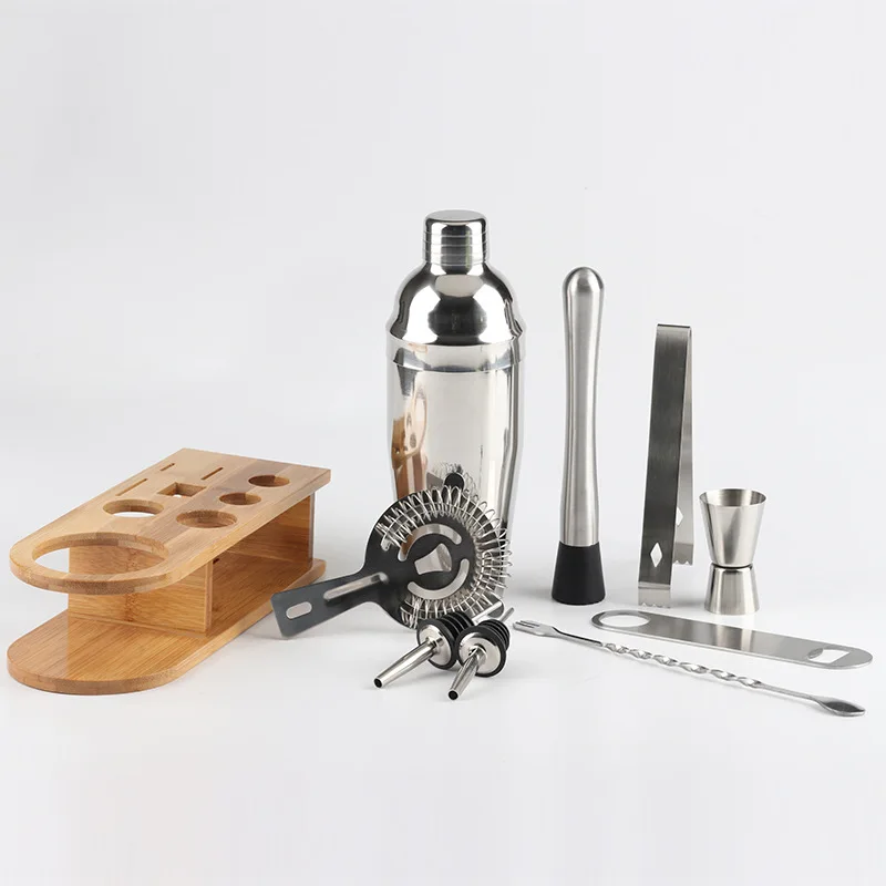 
Factory Direct 350ml 550ML stainless steel boston bartender cocktail shaker bar tools set with bamboo wood stand 