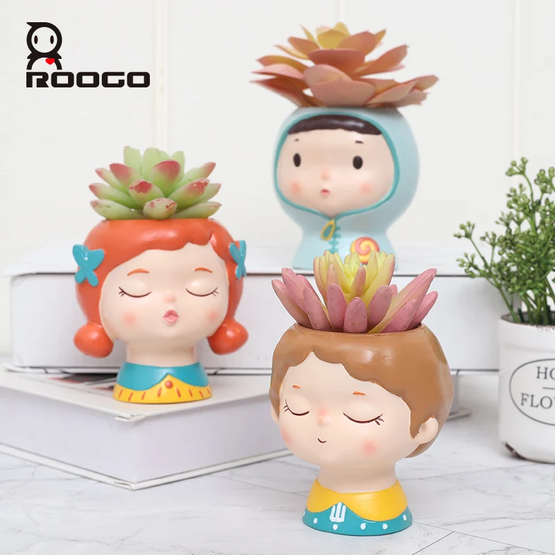 Roogo cute doll head shaped PVC planter flower pots
