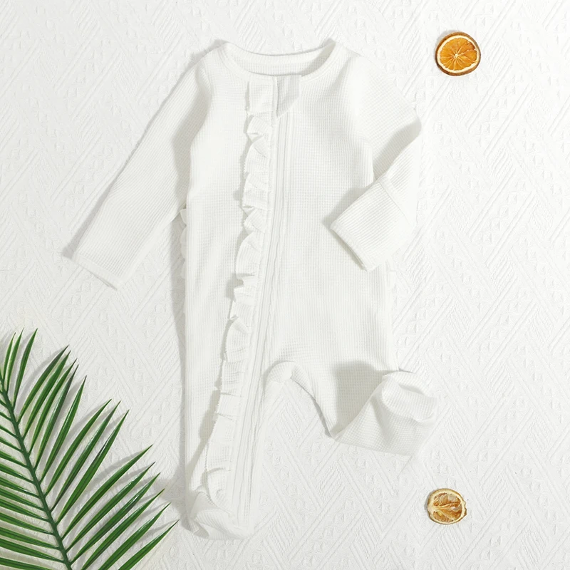 Organic Rib Printed Newborn Jumpsuit White Sleeve Cover Placket Zipper Infant Bodysuit Sun Back Lace Baby Rompers
