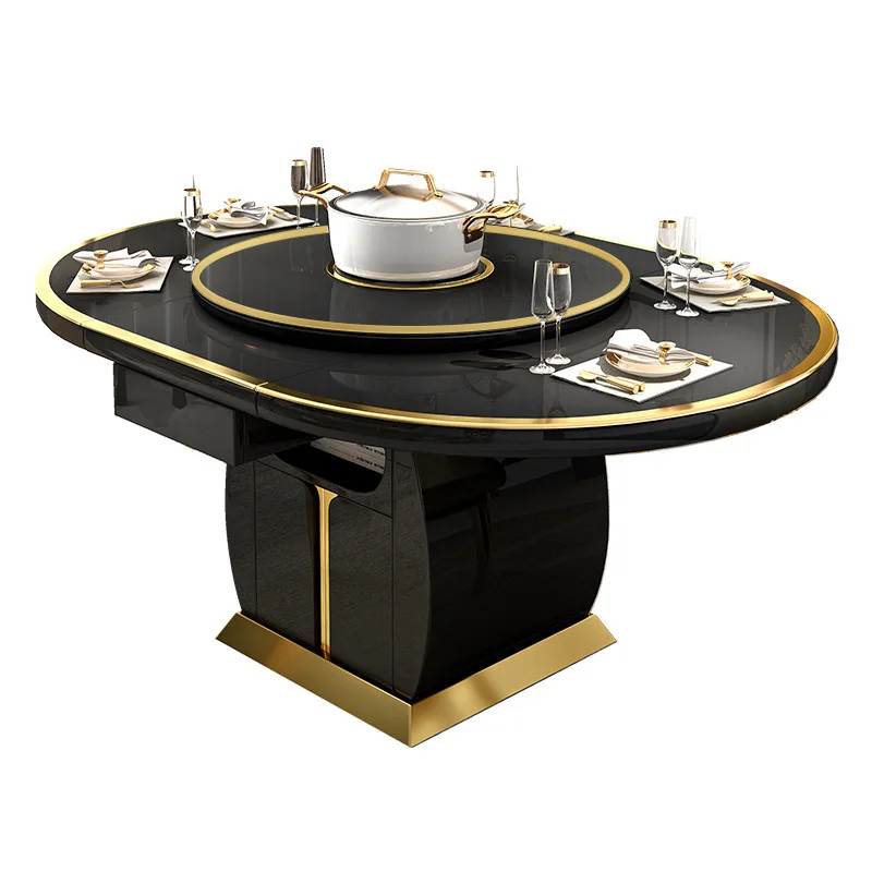 Luxury Expandable Tempered Glass Storage Induction Cooker Round Rectangle Dining Table Set