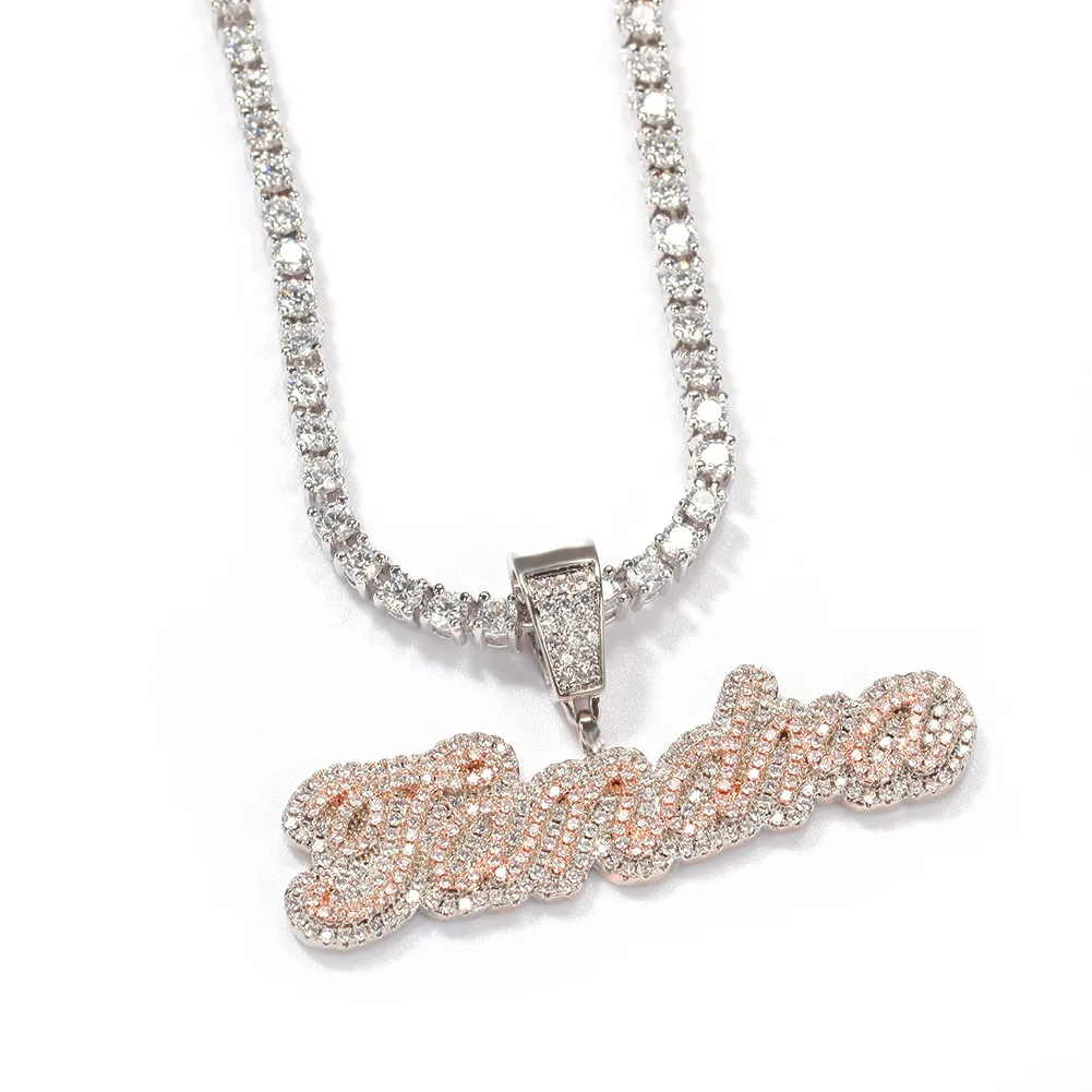 Fashion Hip hop Jewelry Bling Bling Iced Out Cuban Chain Name Necklace Custom Cursive font Personalized Letter pendant