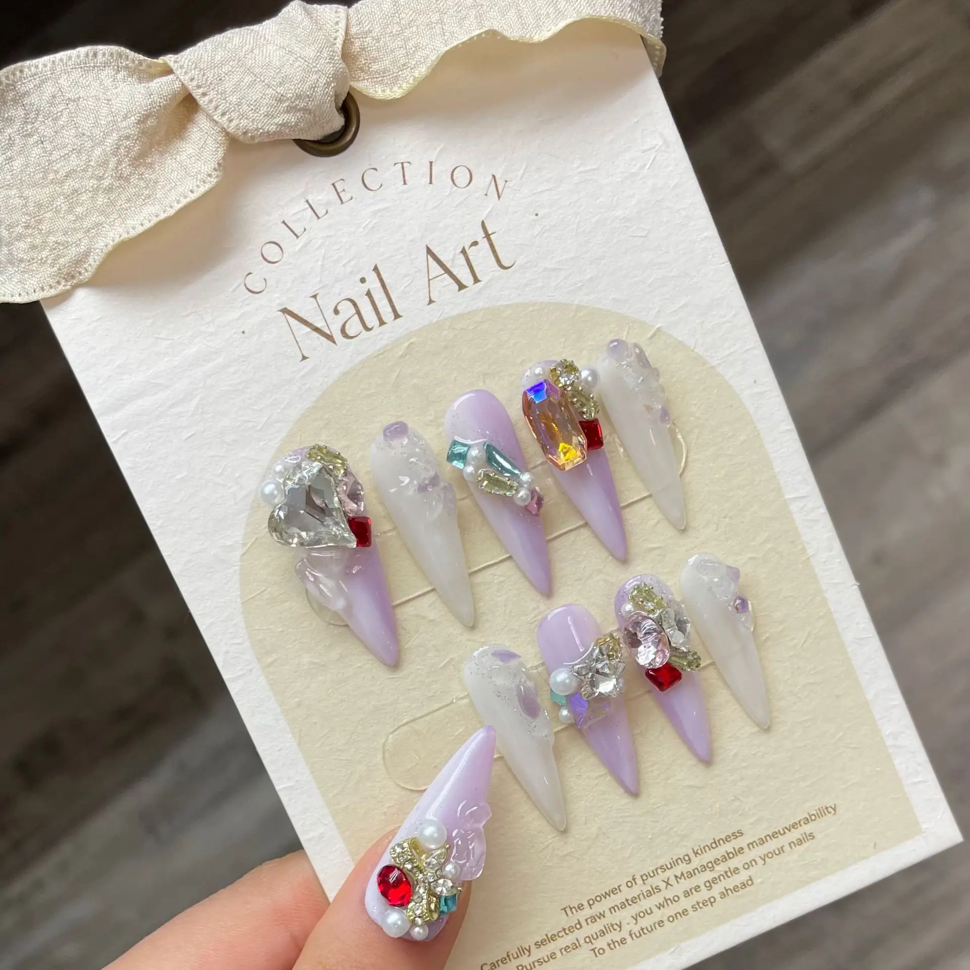 Handmade Luxury Gem Crystal Rhinestone Diamond Almond Long Press On Full Cover Long Clear Designer False Nails Kit For Beginners