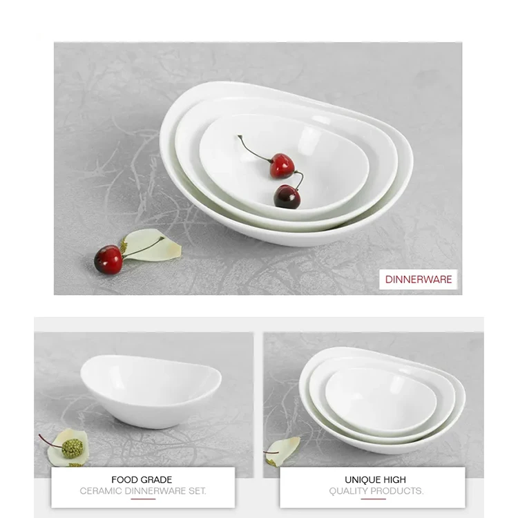 Unique custom logo shape design restaurant dinnerware white salad oval ceramic fruit bowl