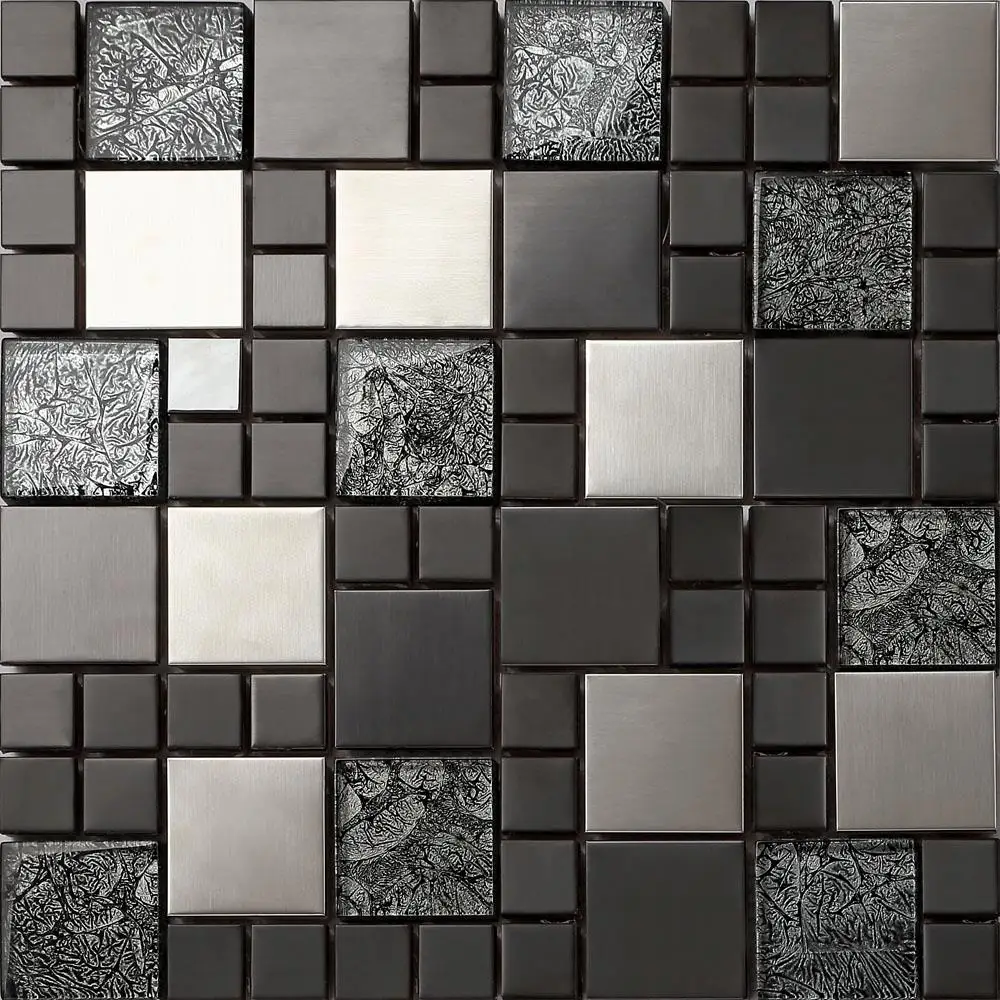 Made In China Factory Outlet Gold Foil Grey Glass Mix Stainless Steel Metallic Mosaic Tile